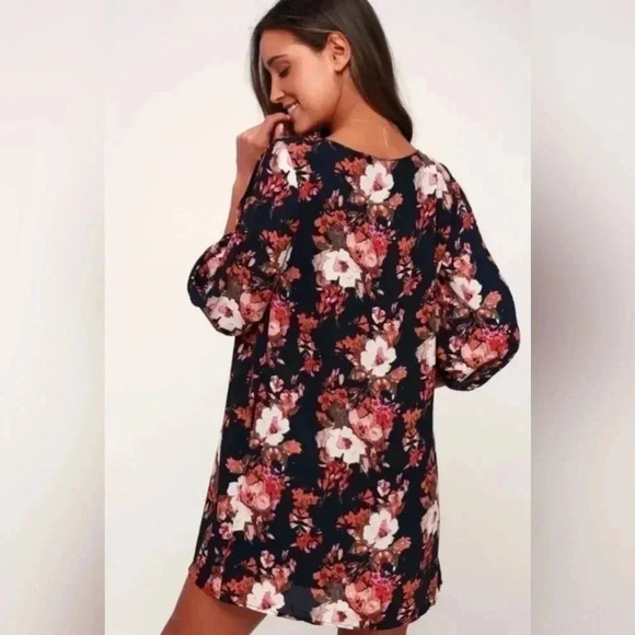 Lulus Shifting Dears Navy Blue Floral Print Split Sleeves Dress Size medium - Picture 2 of 13
